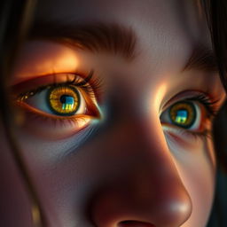 A captivating close-up of a person's eyes, reflecting vibrant colors and intricate details, with light catching the lashes and creating a stunning, almost ethereal glow