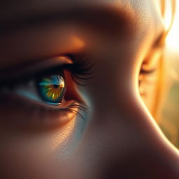 A captivating close-up of a person's eyes, reflecting vibrant colors and intricate details, with light catching the lashes and creating a stunning, almost ethereal glow