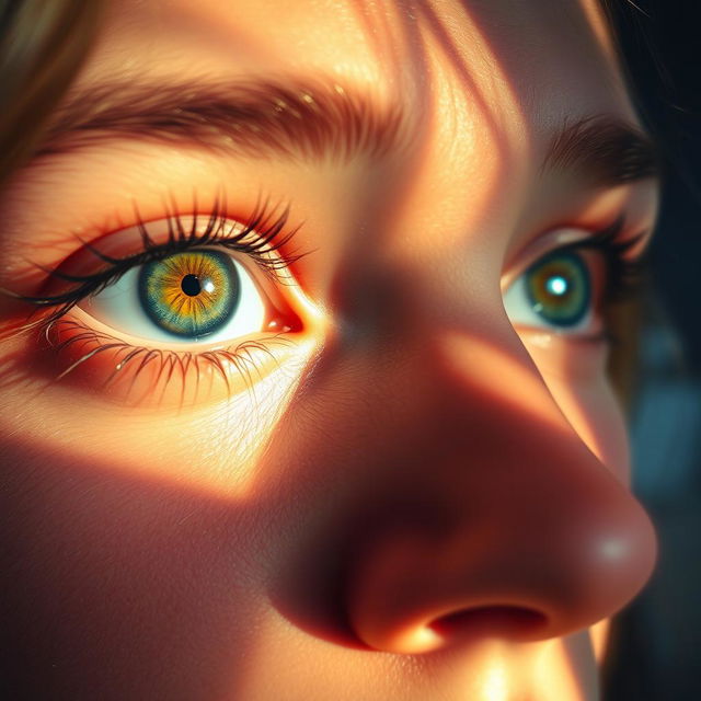 A captivating close-up of a person's eyes, reflecting vibrant colors and intricate details, with light catching the lashes and creating a stunning, almost ethereal glow