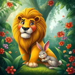 In a lush green jungle, a proud lion and a clever rabbit coexist
