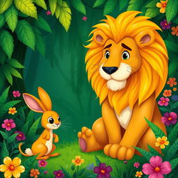In a lush green jungle, a proud lion and a clever rabbit coexist