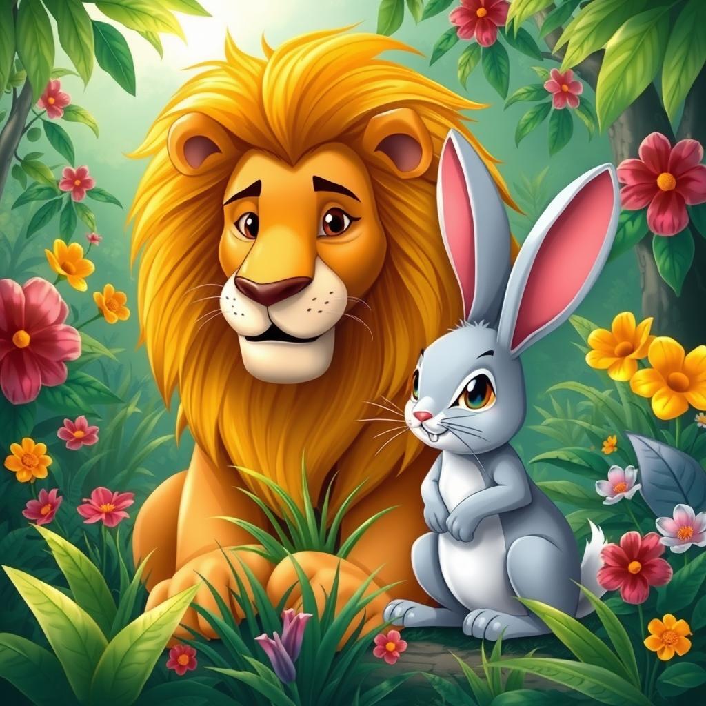 In a lush green jungle, a proud lion and a clever rabbit coexist