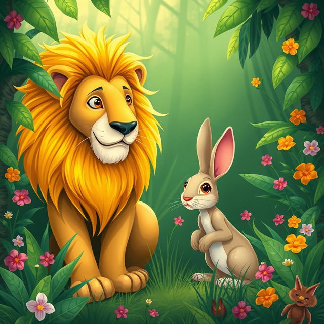 In a lush green jungle, a proud lion and a clever rabbit coexist