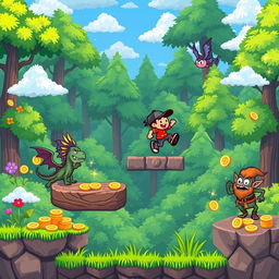 A vibrant pixel art scene depicting a classic platform game environment