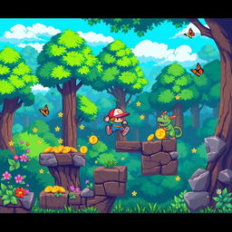 A vibrant pixel art scene depicting a classic platform game environment