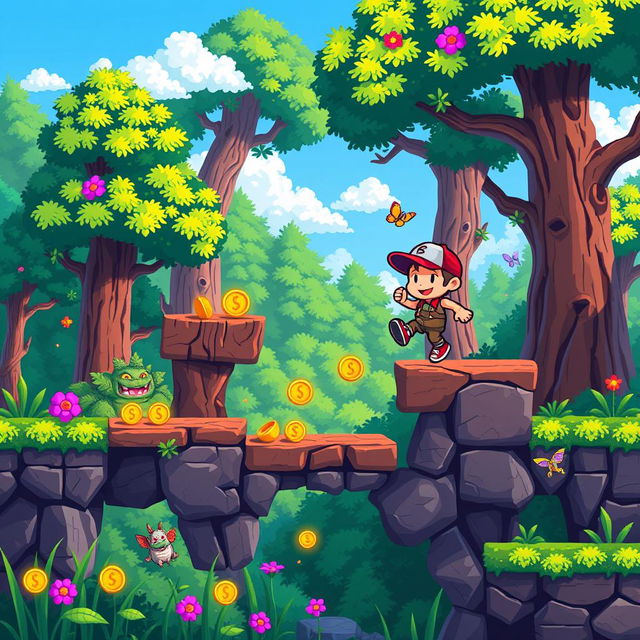 A vibrant pixel art scene depicting a classic platform game environment