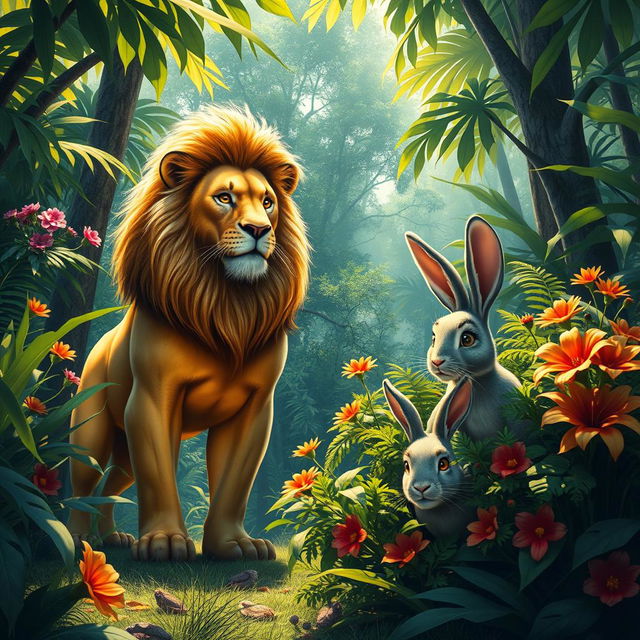 In a vibrant jungle, a proud lion stands majestically, its golden mane glowing in the sunlight