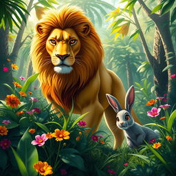 In a vibrant jungle, a proud lion stands majestically, its golden mane glowing in the sunlight