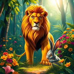 In a vibrant jungle, a proud lion stands majestically, its golden mane glowing in the sunlight