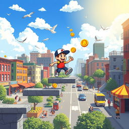 A vibrant pixel art scene depicting a platform game set in a sunny city