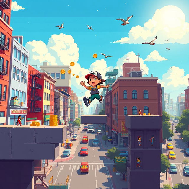 A vibrant pixel art scene depicting a platform game set in a sunny city