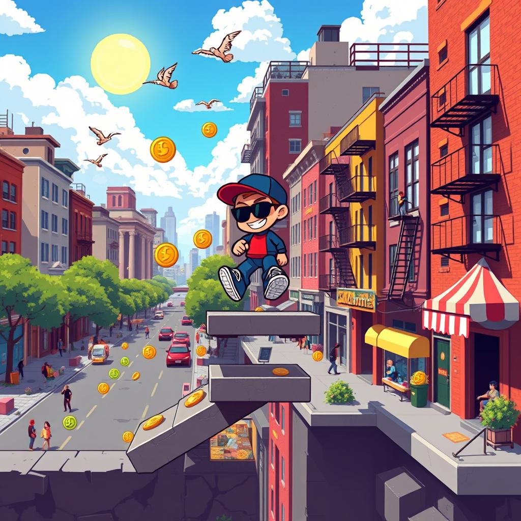 A vibrant pixel art scene depicting a platform game set in a sunny city