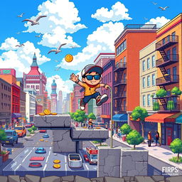 A vibrant pixel art scene depicting a platform game set in a sunny city