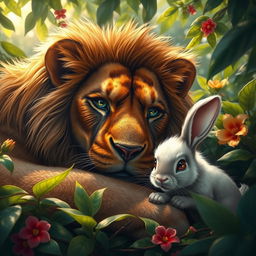 A dramatic scene depicting a wounded lion lying among lush jungle foliage, showing deep, expressive eyes full of pain and vulnerability