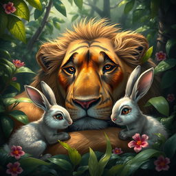 A dramatic scene depicting a wounded lion lying among lush jungle foliage, showing deep, expressive eyes full of pain and vulnerability