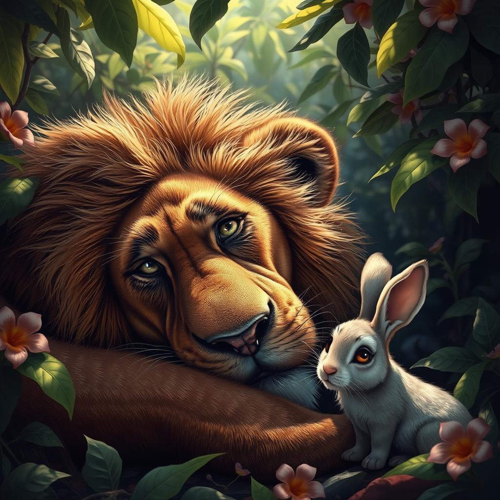 A dramatic scene depicting a wounded lion lying among lush jungle foliage, showing deep, expressive eyes full of pain and vulnerability