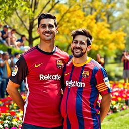 A whimsical scene featuring Cristiano Ronaldo standing next to Lionel Messi, who is portrayed with a humorous expression, playfully indicating that he is pregnant
