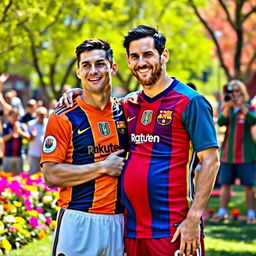 A whimsical scene featuring Cristiano Ronaldo standing next to Lionel Messi, who is portrayed with a humorous expression, playfully indicating that he is pregnant