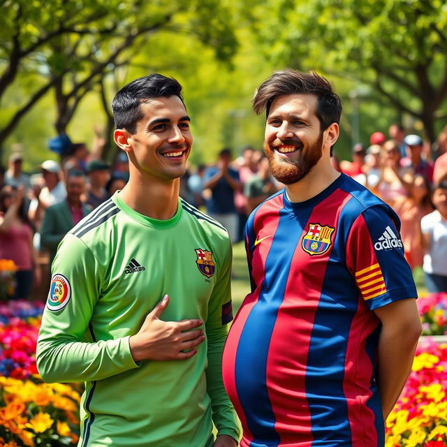 A whimsical scene featuring Cristiano Ronaldo standing next to Lionel Messi, who is portrayed with a humorous expression, playfully indicating that he is pregnant