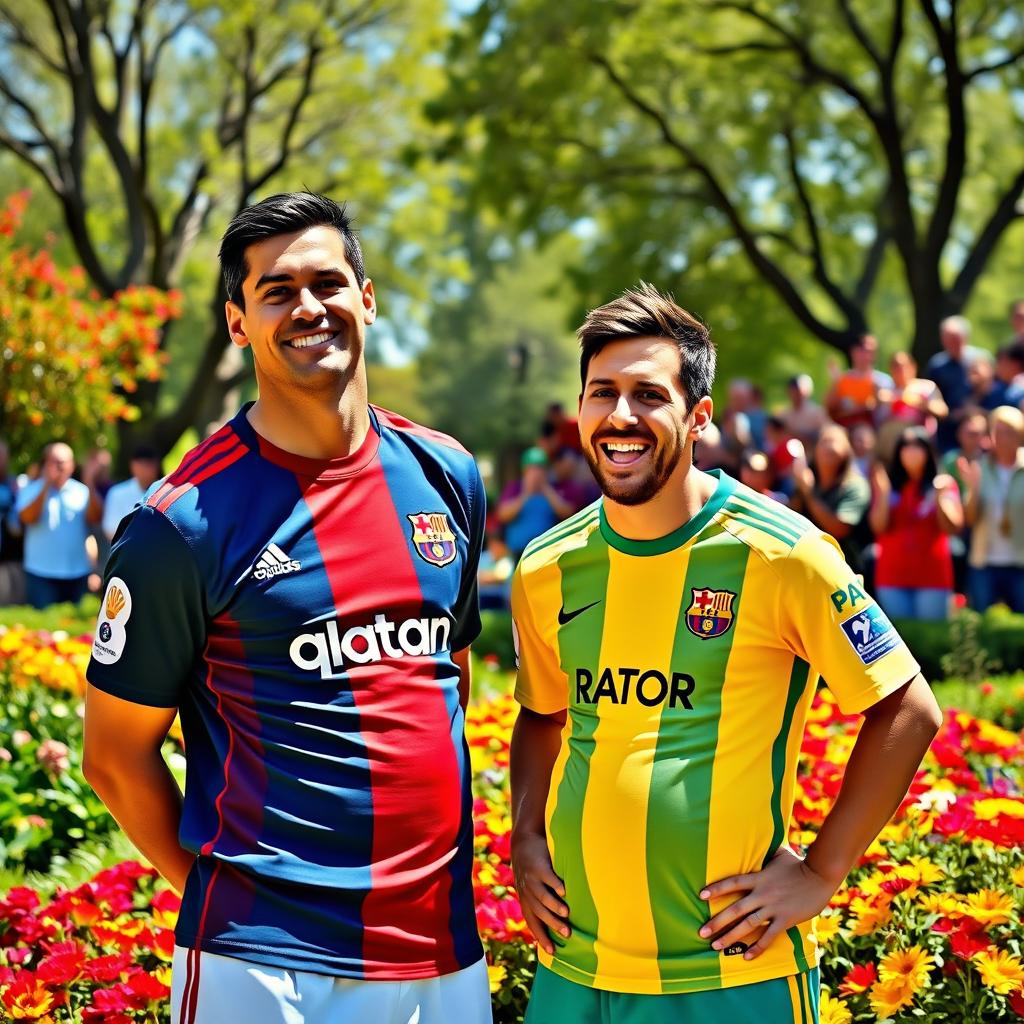A whimsical scene featuring Cristiano Ronaldo standing next to Lionel Messi, who is portrayed with a humorous expression, playfully indicating that he is pregnant