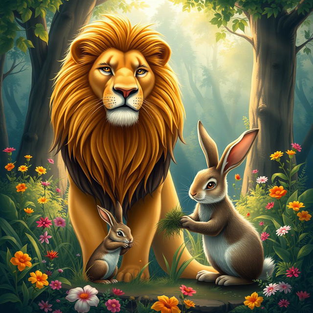 A vibrant forest scene depicting a majestic lion and a clever rabbit