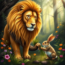 A vibrant forest scene depicting a majestic lion and a clever rabbit