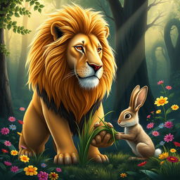 A vibrant forest scene depicting a majestic lion and a clever rabbit