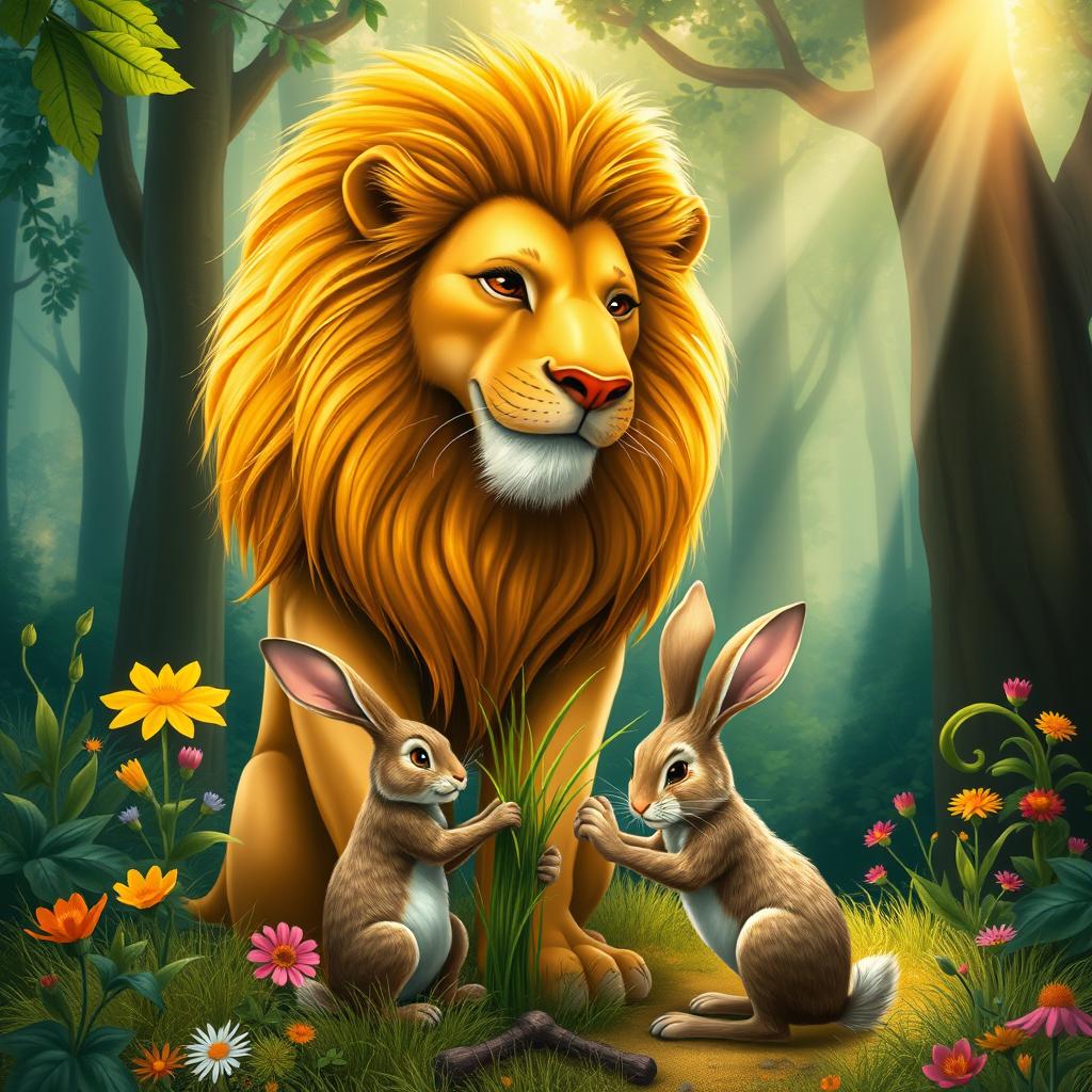 A vibrant forest scene depicting a majestic lion and a clever rabbit