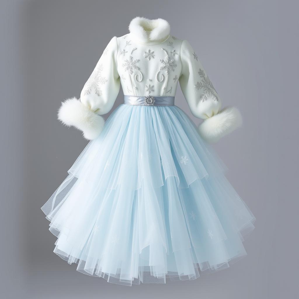 A stunning winter-inspired dress, crafted from soft, fluffy white snow-like fabric featuring intricate embroidery of snowflakes and icicles