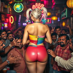 A confident Harley Quinn wearing a colorful strapless bikini, showcasing her big curves and voluptuous figure from behind, standing in a lively, low-lit Indian bar filled with cheerful patrons