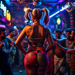 A confident Harley Quinn wearing a colorful strapless bikini, showcasing her big curves and voluptuous figure from behind, standing in a lively, low-lit Indian bar filled with cheerful patrons
