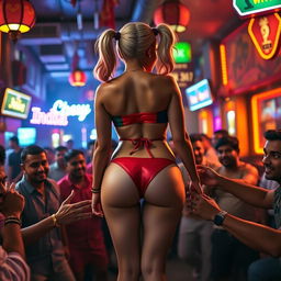 A confident Harley Quinn wearing a colorful strapless bikini, showcasing her big curves and voluptuous figure from behind, standing in a lively, low-lit Indian bar filled with cheerful patrons