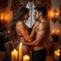A sensual and intimate scene featuring a couple in a beautifully decorated room, softly lit by candles