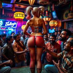 A busty Harley Quinn wearing a vibrant strapless bikini, showcasing her curvy figure from behind, standing confidently in a lively Indian bar filled with cheerful patrons