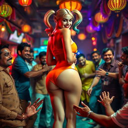 A busty Harley Quinn wearing a bright strapless bikini that accentuates her curves and a small panty, showcasing her big backside from behind while she stands confidently in a vibrant Indian bar