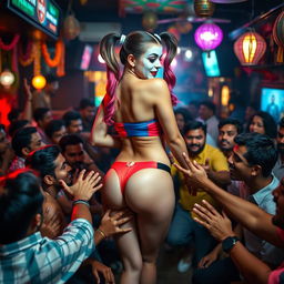 A striking Harley Quinn in a colorful strapless bikini, flaunting her curvy figure from behind while standing confidently in a bustling Indian bar