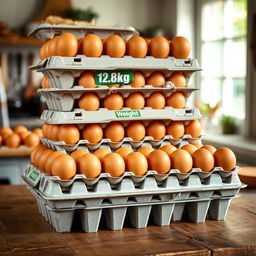 A vertical stack of egg cartons, specifically a 12