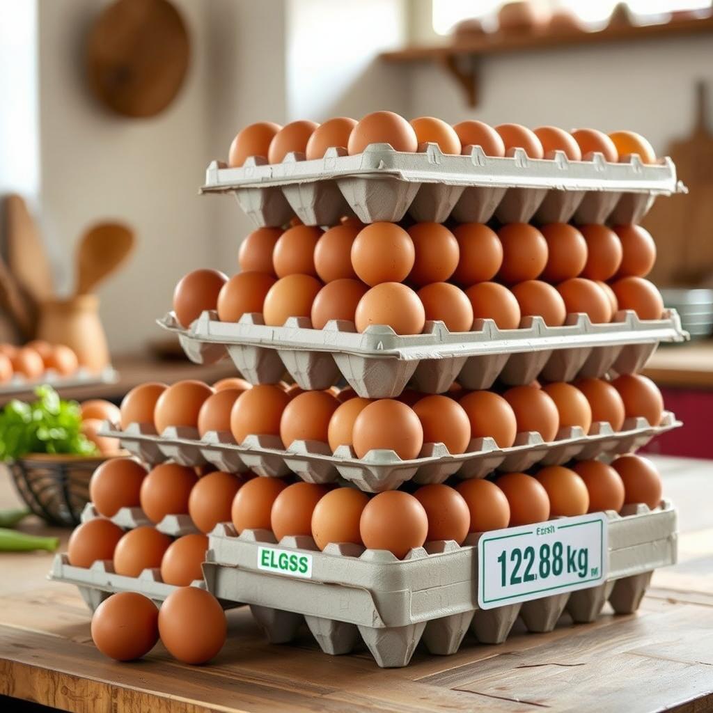 A vertical stack of egg cartons, specifically a 12
