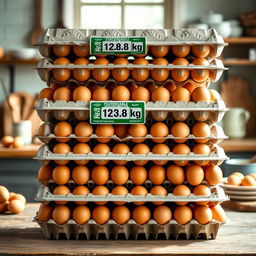 A vertical stack of egg cartons, specifically a 12
