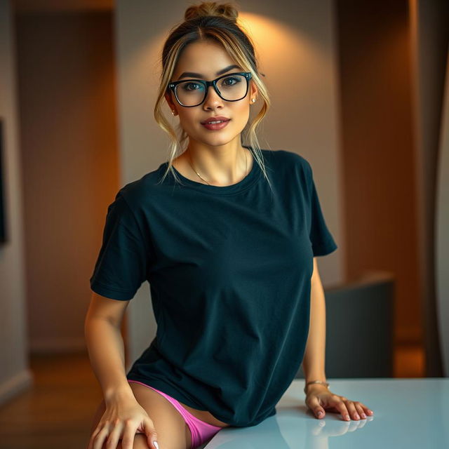 A hot fair-skinned woman wearing stylish glasses, a black men's t-shirt, and a pink string thong, sitting confidently on the edge of a sleek table