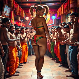 A busty Harley Quinn in a colorful strapless bikini, showing off her big backside and wearing a small panty while standing confidently with her back facing the viewer