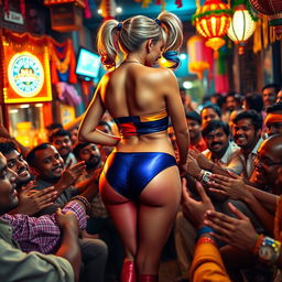 A vibrant and captivating scene featuring Harley Quinn in a colorful strapless bikini that highlights her voluptuous figure, presenting her curvy backside while she stands confidently with her back to the viewer