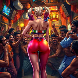 A bold and vibrant depiction of Harley Quinn in a colorful strapless bikini, showing off her curvy backside with a wedgie panty while standing confidently with her back to the viewer