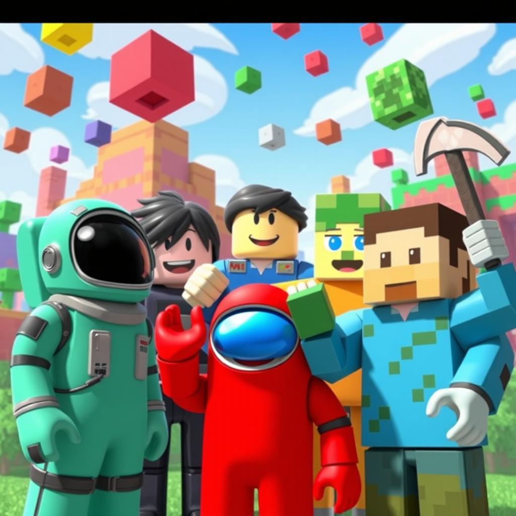 A vibrant and colorful scene featuring characters from Among Us, Roblox, and Minecraft gathered together in an exciting mashup