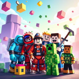 A vibrant and colorful scene featuring characters from Among Us, Roblox, and Minecraft gathered together in an exciting mashup