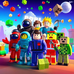 A vibrant and colorful scene featuring characters from Among Us, Roblox, and Minecraft gathered together in an exciting mashup