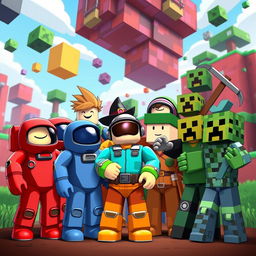 A vibrant and colorful scene featuring characters from Among Us, Roblox, and Minecraft gathered together in an exciting mashup