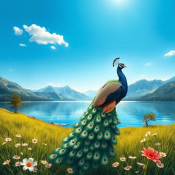 A detailed artistic representation of a serene landscape featuring a tranquil lake surrounded by lush green mountains under a clear blue sky