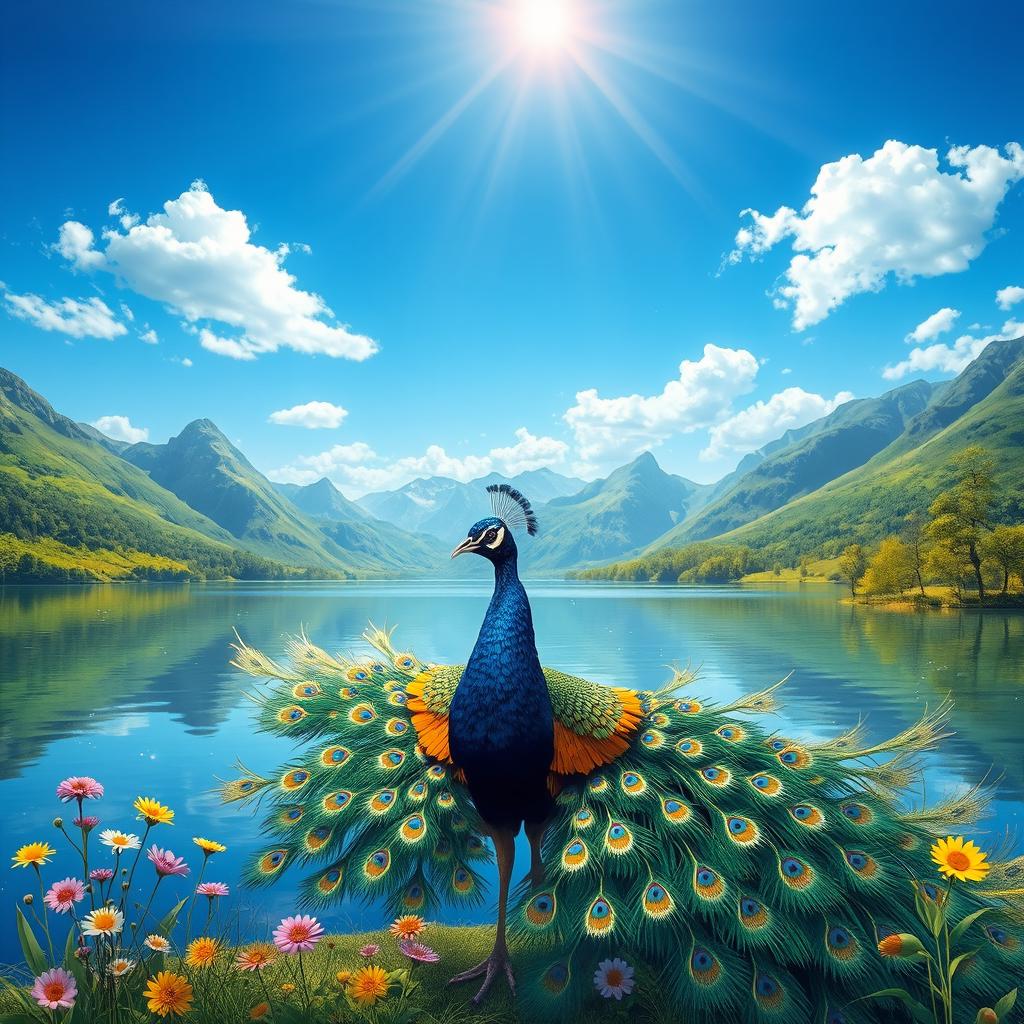 A detailed artistic representation of a serene landscape featuring a tranquil lake surrounded by lush green mountains under a clear blue sky