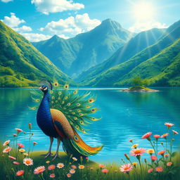 A detailed artistic representation of a serene landscape featuring a tranquil lake surrounded by lush green mountains under a clear blue sky